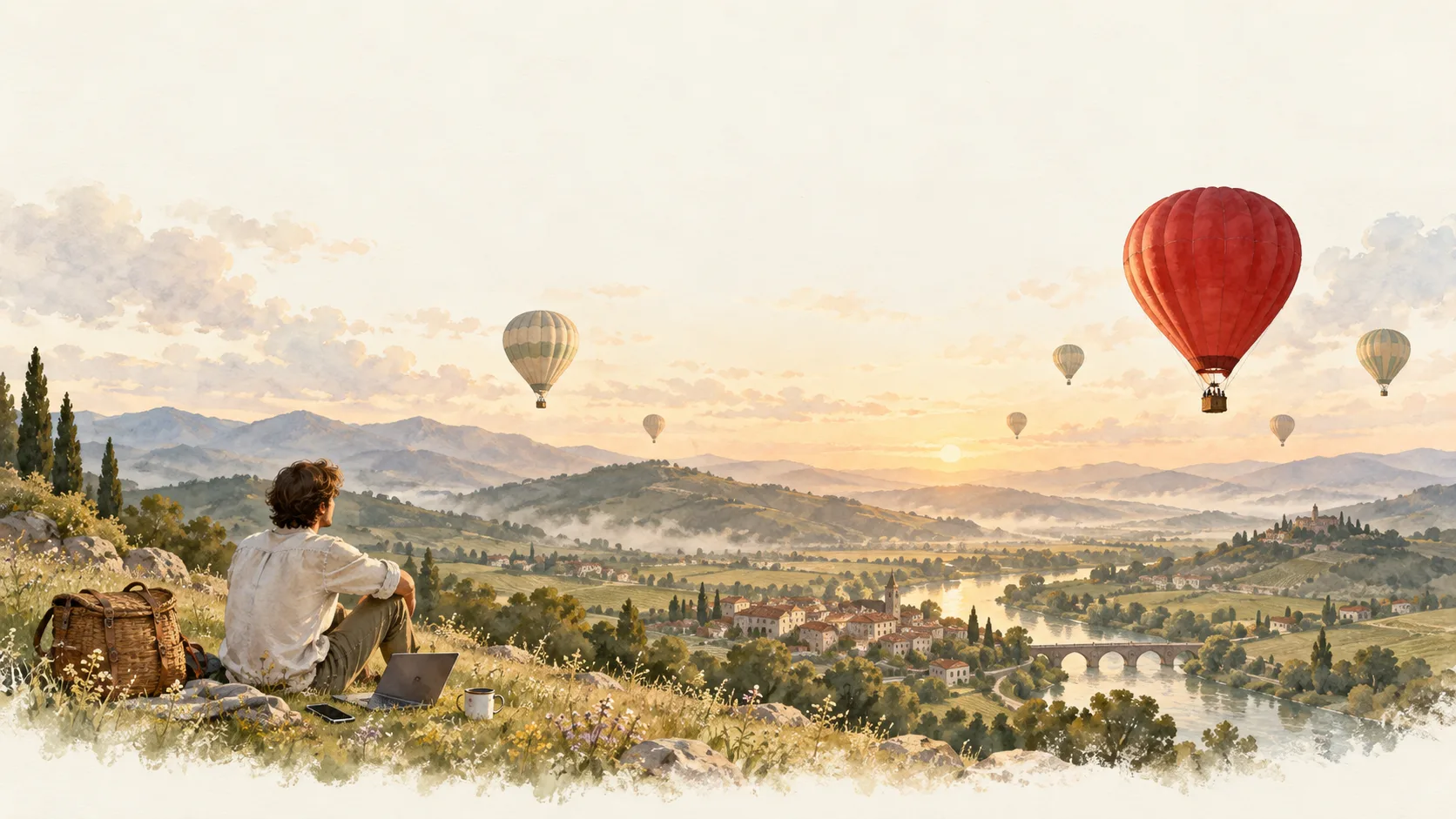 A founder sitting in a wildflower meadow above a river valley at sunrise, laptop beside them, hot-air balloons drifting over the hills.